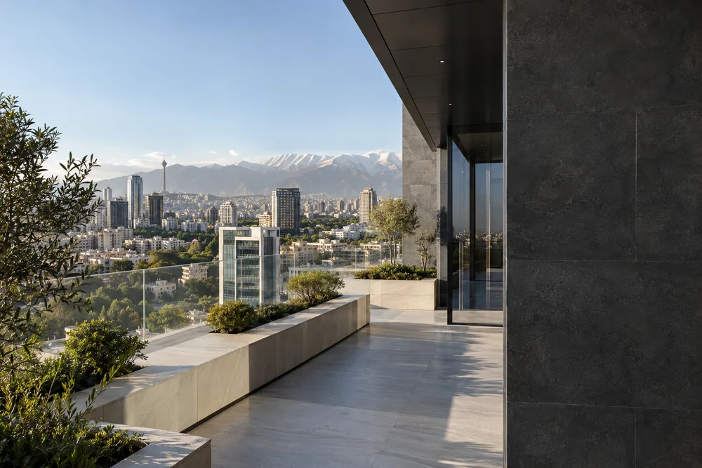 تصویر مفهومی معماری معاصر و چشمانداز تهران و کوههای البرز